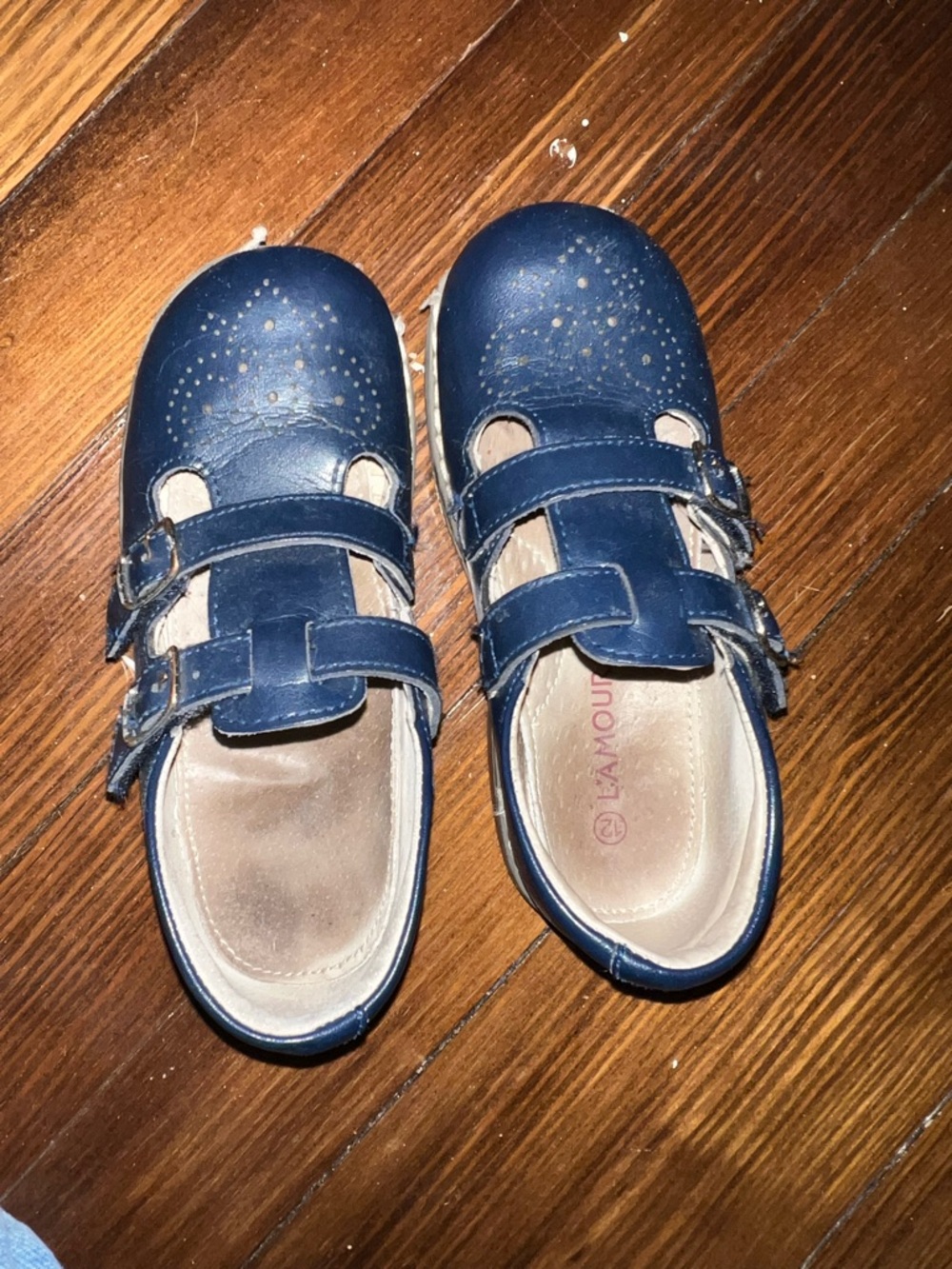 L'Amour Navy Leather Double-Strap Kids Mary Janes